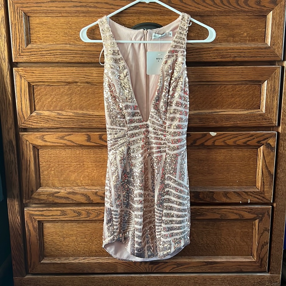 Hello Molly. Low plunge Rose Gold Sequin dress